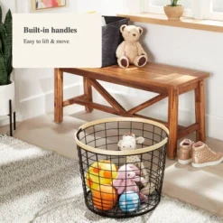 Round Black Wire With Natural Wood Handles Floor Basket - Brightroom™ -Storage Furniture Shop GUEST 531efaff 169e 49d9 b5e7 00e6d8495d4f