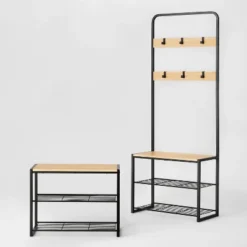 3 Tier Entry Bench With Hooks Black Metal With Natural Wood - Brightroom™ -Storage Furniture Shop GUEST 5715bb57 f3cd 4e89 a63b cc4fa675fc88