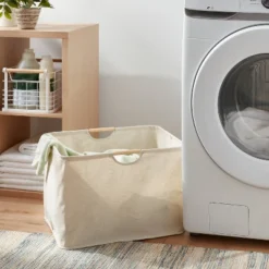 Canvas Rectangle Laundry Basket - Brightroom™: Steel & Wood Frame, 70L Capacity, 2 Handles, Multipurpose Clothes Basket