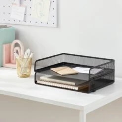 Mesh Stacking Letter Tray With Wide Side Opening Black - Brightroom™