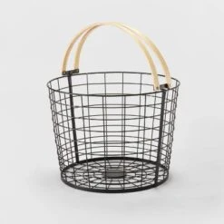 Round Black Wire With Natural Wood Handles Floor Basket - Brightroom™ -Storage Furniture Shop GUEST 96a85611 d85f 4469 95c9 38a133b60f86