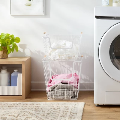 2pk Stacking Wire Laundry Baskets With Wooden Handles - Brightroom™ 1 2pk Stacking Wire Laundry Baskets With Wooden Handles - Brightroom™