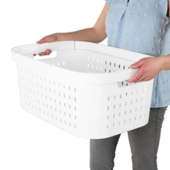 1.5bu Rectangle Modern Laundry Basket - Brightroom™: White Plastic Clothes Basket With Built-In Handles, Medium Size -Storage Furniture Shop GUEST d6606117 ec93 434a 98af c3a1505ebe2b